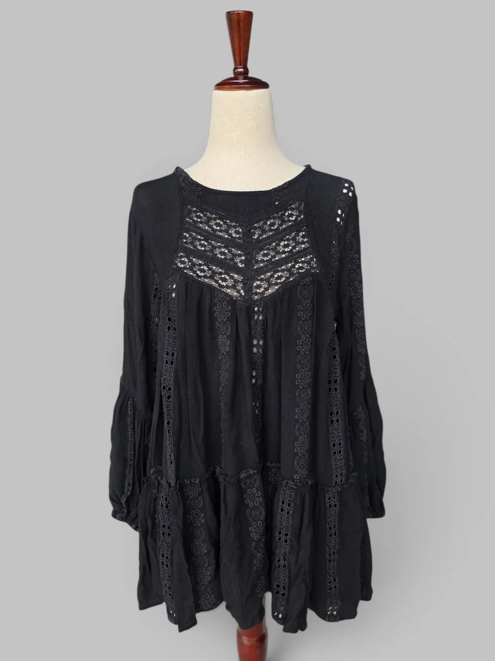 Free People Boho Eyelet Mini Dress Tunic Open Back Laced Black